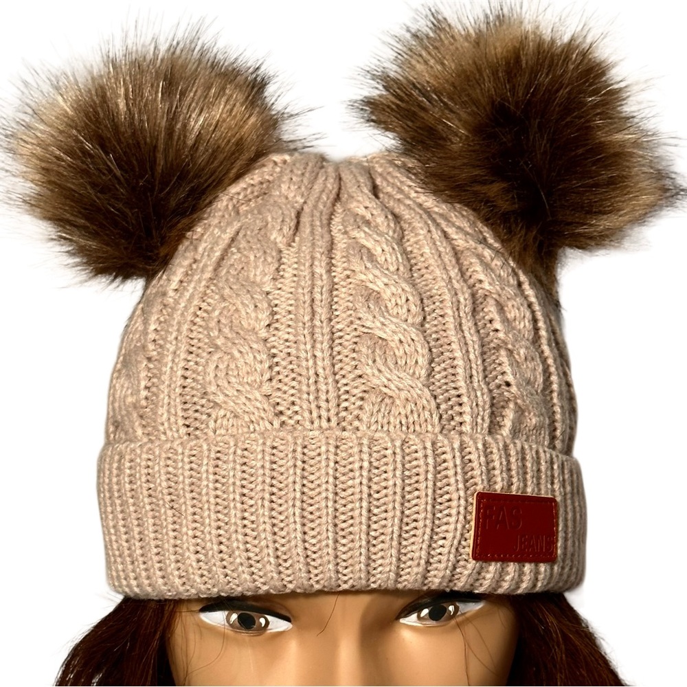 FAS Jeans Beanie OS Taupe Double Pom Cable Knit Wool
